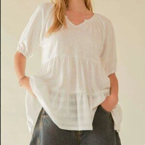 Davi & Dani Ruffled Flared Short Sleeve V Neck Blouse